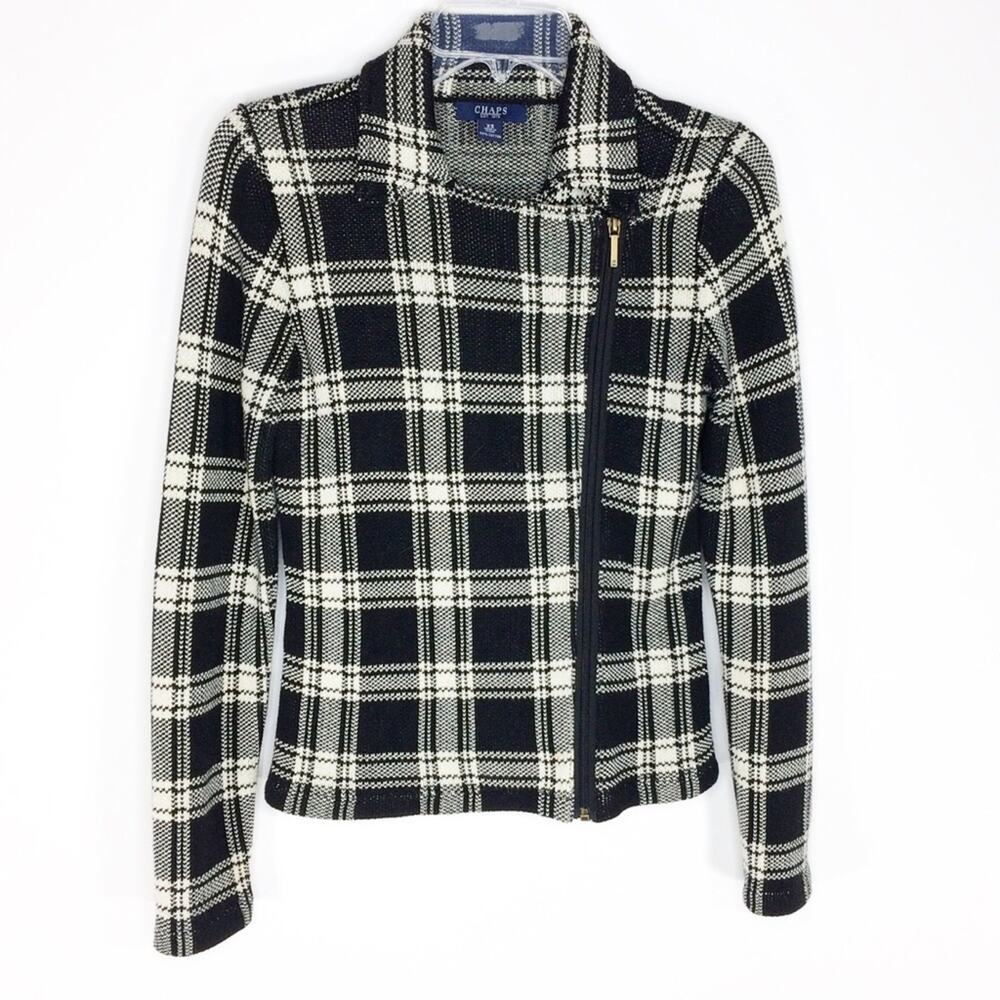 Chaps Womens Size XS Knit Plaid Moto Jacket Black White Asymmetrical Zip Front